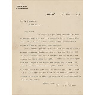 Nikola Tesla Typed Letter Signed on Induction Coil Experiments
