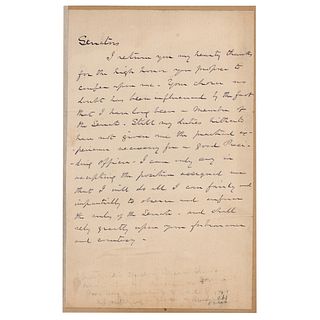 John Sherman Handwritten Speech Accepting Nomiation as President Pro Tempore of the Senate