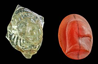 1st C. Roman Glass Lion Head + 19th C. Carnelian Cameo