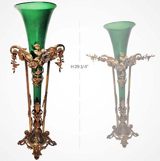 Large 19th C. French Bronze Figural Green Vase Glass Vase (Adjustable Flower Arms)