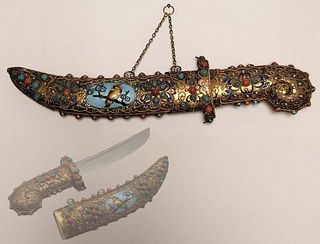Chinese Jeweled And Enameled Silver Dagger With Cover