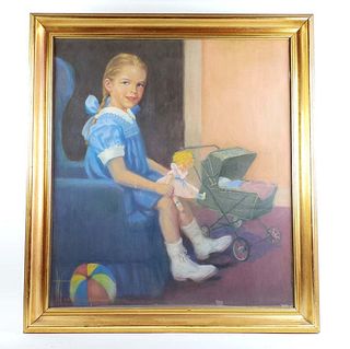 A Large Pastel Watercolor of Girl with Toys