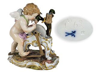 19th C. Meissen Porcelain Figure Angel Sharpening Arrow With Stone Wheel
