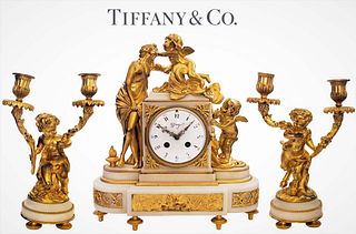 19th C. Figural Tiffany And Co. Bronze Mounted Marble Clockset