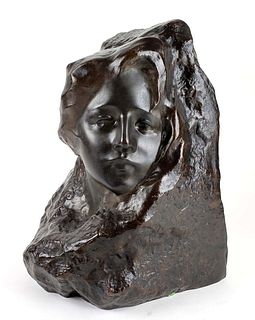 19th C. Bronze Statue "Face on Stone" Signed
