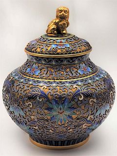 Chinese Bronze And Cloisonne Enamel Jar With Top Foo Dog