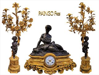 19th C. Large Patina Figural Bronze Clockset Signed By Raingo Fres