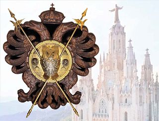 Large Wooden Spanish Figural Enamel On Brass Coat Of Arm