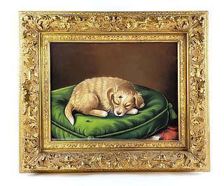 Magnificent 19th C. European Still Life Pastel on paper Painting of a Sleeping Dog Signed
