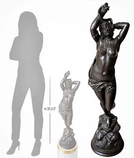 Large 19th C. Orientalist Nude Bronze Statue Holding A Snake
