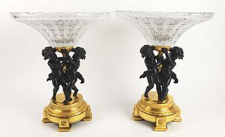 Pair of 19th C. Gilt & Patinated Bronze & Crystal Figural Centerpieces