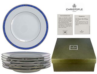 6 Piece Christofle Porcelain Dessert Plates ' Ocean Blue '