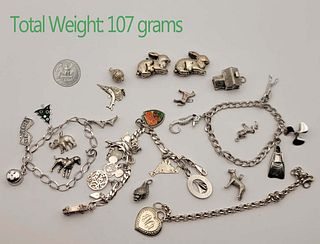 Lot Of 11 Sterling Silver (107 grams) 7 Individual Charms & 4 Bracelet Charms