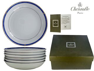 Set Of 6 Christofle Porcelain Ocean Blue Round Plates