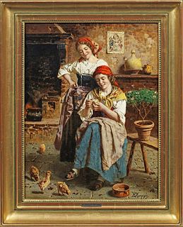 Eugenio Zampighi (Italian 1859-1944) "Farmhouse" Oil on Canvas