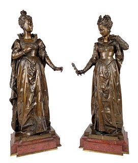 Pair of Large 19th C. Bourret Signed Bronze & Rouge Marble Statues of Queen Victoria & Elizabeth