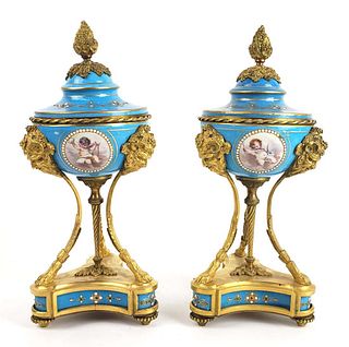 Pair of 19th C. Sevres Jewelled Porcelain & Bronze Vases w/ Lids