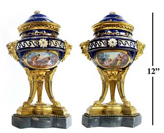 Pair of 19th C. Sevres Figural Porcelain & Bronze Vases/ Urns