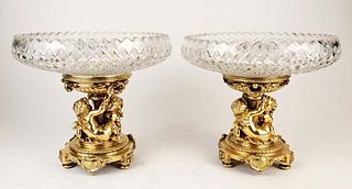 Pair of 19th C. Christofle Bronze & Baccarat Crystal Figural Tazzas