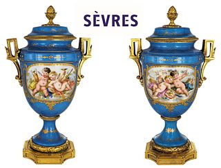 Pair Of 19th Century Hand Painted Sevres Vases