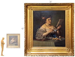 Large Signed 19th C. Oil On Canvas 'A Woman Drinking Tea And Reading'