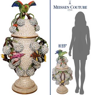 Large Meissen Bird On Branches Figural Snowball Vase, Centerpiece