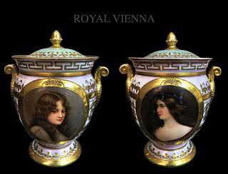 Pair of 19th C. Royal Vienna Iridescent Painted Porcelain Vases w/ Lid