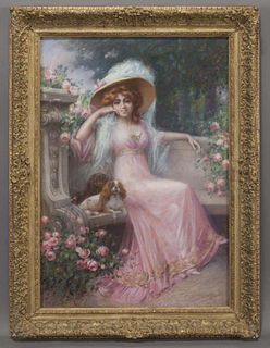 Delphin Enjolras (1857–1945) "An Elegant Lady with her Cavalier King Charles Spaniels" pastel on