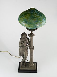 Antique French Figural Lamp~ Loetz Oil Spot Art Glass Shade