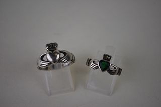 Vintage Sterling Silver Claddagh Rings- Emerald and Plain Ring