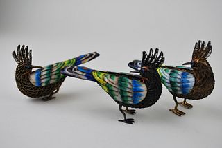 Antique Chinese Export Sterling Silver Enameled Birds set of 3