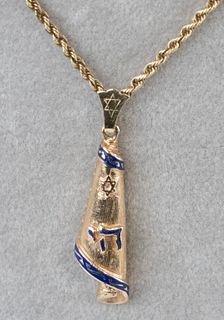 14K Yellow Gold Jewish Chai Scroll Pendant with Blue Enamel Detailing & 14K Chain