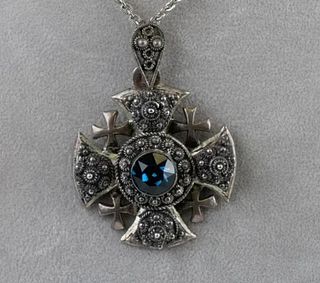Vintage 950 Sterling Silver Jerusalem Cross Jeweled Pendant & Chain