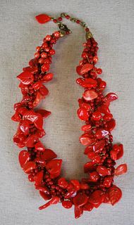 Vintage Red Coral & Handmade Red Coral Leaves Strand Necklace 