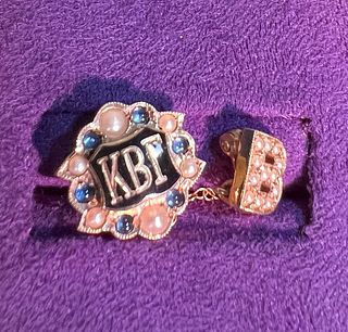 14K Gold~ Kappa Beta Gamma Sorority Pin~ Seed Pearls & Sapphire