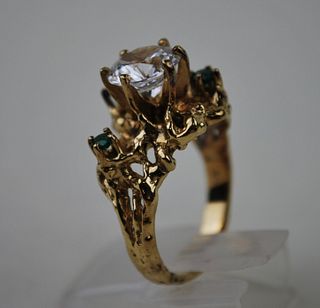 Vintage Sterling Silver & Gold-wash Freeform Ring with CZ & Green Stones