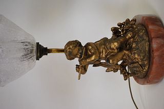 Art Nouveau~ Gold Painted Spelter Figural Cherub Putti Table Lamp