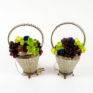 2pc Vintage Czech Art Glass Fruit Basket Table Lamps