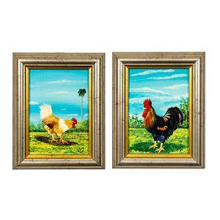 2pc Oil Paintings on Canvas Panels, Rooster and Hen