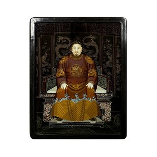 Chinese Reverse Painting on Glass, Emperor Seated on Throne