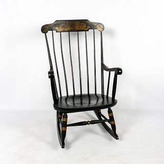 Vintage Nichols & Stone Black Harvest Stenciled Hitchcock Windsor Rocking Chair