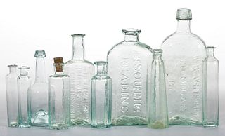 ASSORTED GLASS PONTILED BOTTLES, LOT OF TEN
