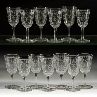 IVY AND STAR BLOWN AND ENGRAVED GLASS WINES, LOT OF 13
