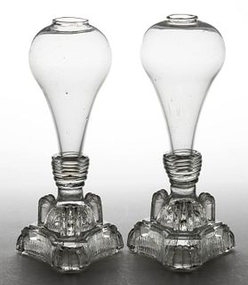 FREE-BLOWN AND PRESSED GLASS PAIR OF WHALE OIL / FLUID STAND LAMPS