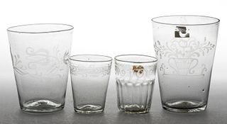 GERMAN / BOHEMIAN FREE-BLOWN AND ENGRAVED GLASS ARTICLES, LOT OF FOUR