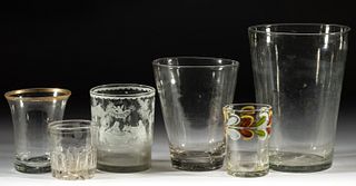 ASSORTED FREE-BLOWN GLASS TUMBLERS, LOT OF SIX