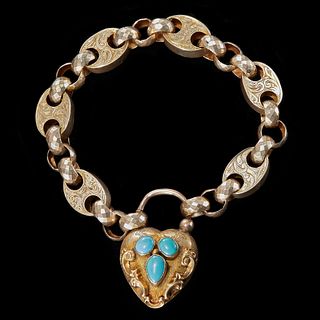 VICTORIAN GOLD BRACELET WITH A HEART SHAPED TURQUOISE PADLOCK