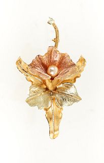 18K Tri-Color Figural Orchid Brooch