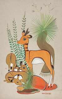 Narciso Abeyta Ha-So-De Deer with Fawns Gouache