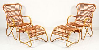Pair of Outdoor Faux Rattan Patio Chairs and Ottomans